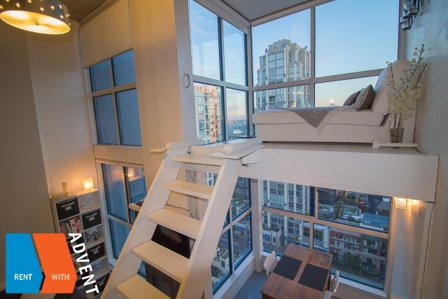 Fully Furnished 11th Floor 2 Level City View Luxury Loft For Rent at Space Lofts in Yaletown. 1109 - 1238 Seymour Street, Vancouver, BC, Canada.